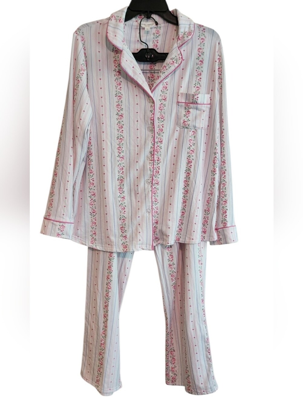 Laura Ashley Pink and White Floral Stripe Pajama Set